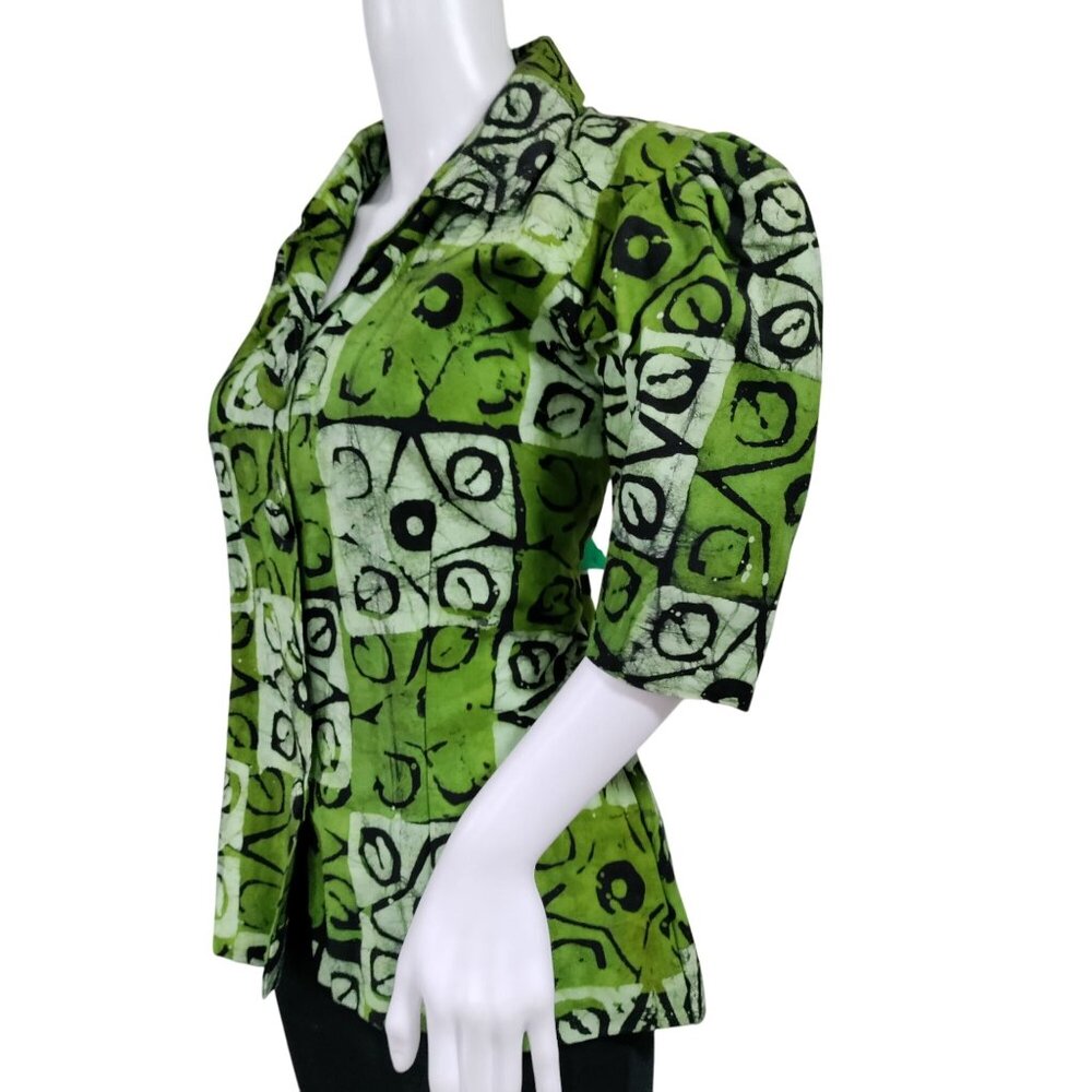 African Handsewn Print Tribal Cotton Puff Sleeve Office Button-Up Shirt Green S - Picture 3 of 11